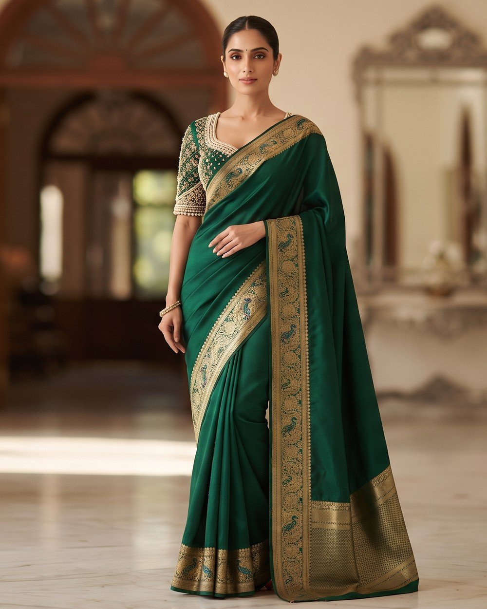 Women's Green Silk Saree with Zari Border