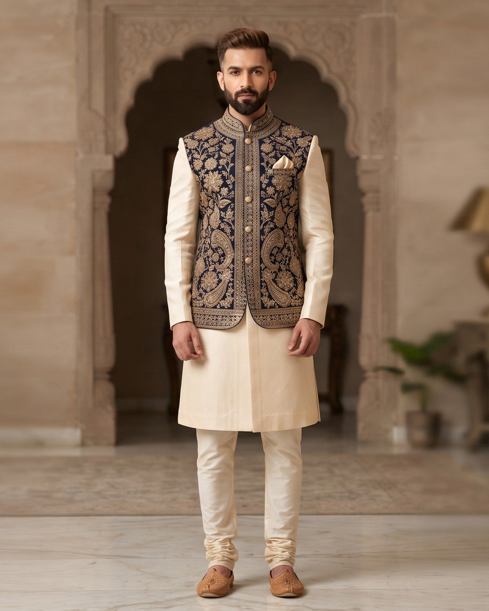 Men's Cream Sherwani with Embroidered Nehru Jacket