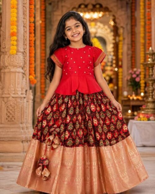 Red Embellished Puff-sleeve Peplum Blouse Kids Wear