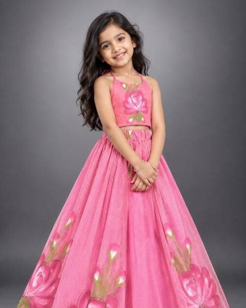 Pink Halter-neck Floral-embroidered Crop Top Kids Wear