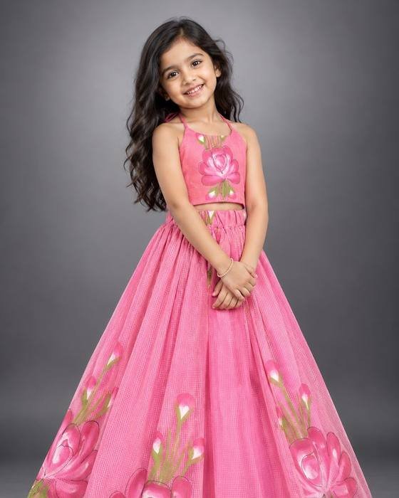 Pink Halter-neck Floral-embroidered Crop Top Kids Wear