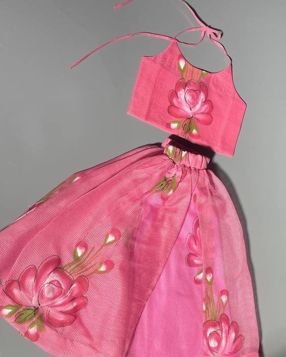 Pink Halter-neck Floral-embroidered Crop Top Kids Wear