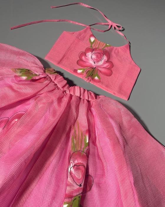Pink Halter-neck Floral-embroidered Crop Top Kids Wear