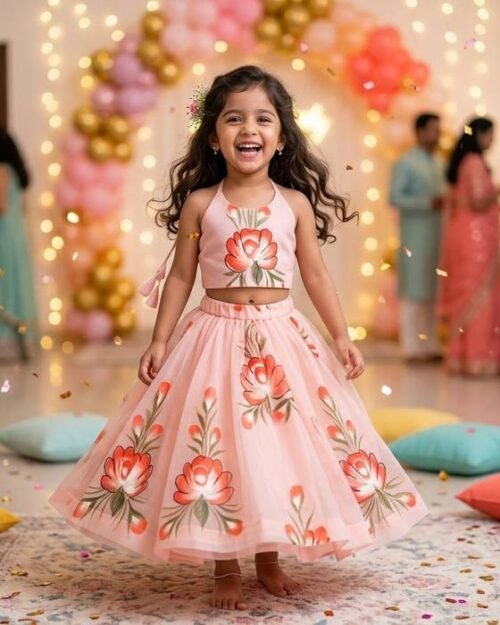 Pink Floral Halter-tie Crop Top Kids Wear