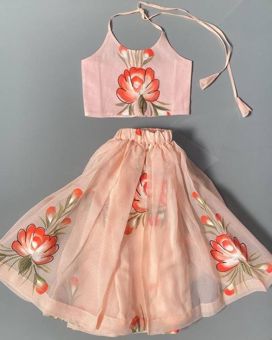 Pink Floral Halter-tie Crop Top Kids Wear