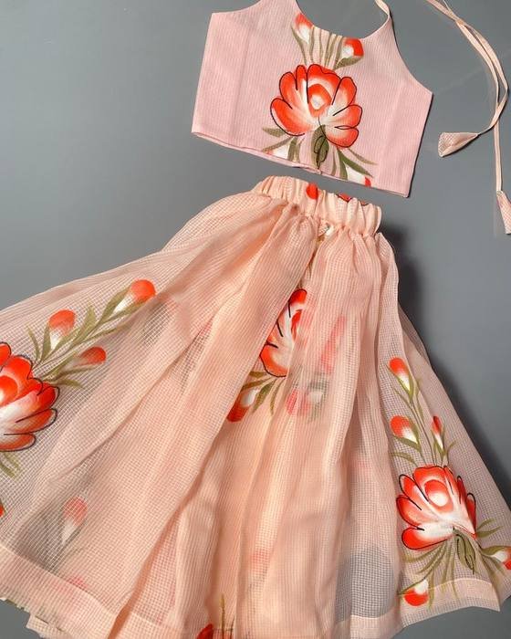 Pink Floral Halter-tie Crop Top Kids Wear