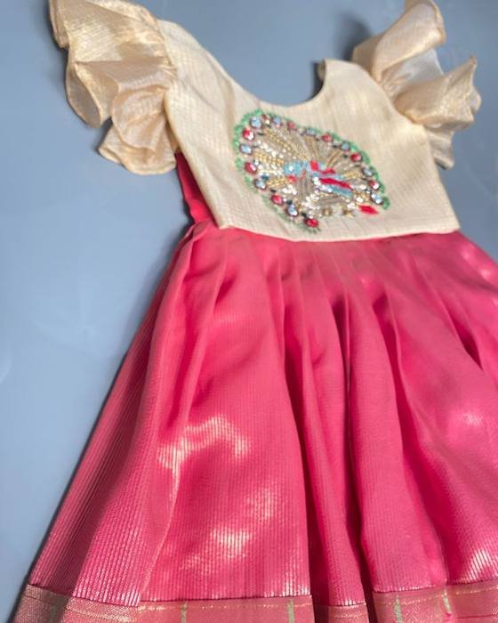 Cream Peacock-embroidered Peplum Blouse Kids Wear