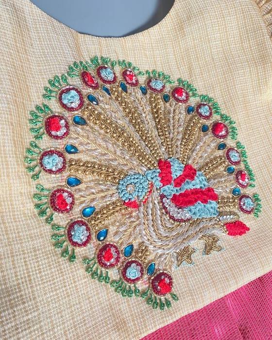 Cream Peacock-embroidered Peplum Blouse Kids Wear