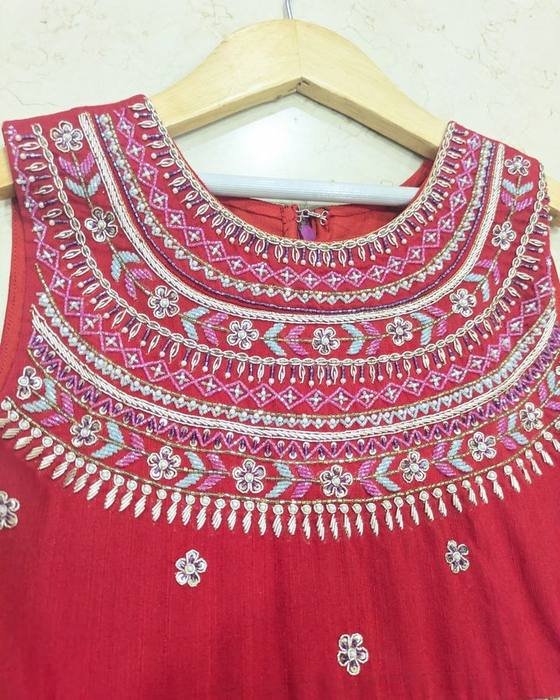 Red Embroidered Yoke Sleeveless Bodice Kids Wear