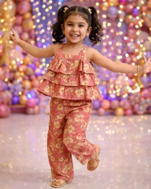 Dusty Rust-pink Floral-printed Ruffle Top Kids Wear