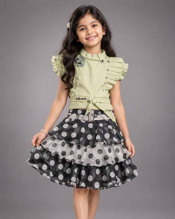 Pastel Green Pintucked Blouse With Brooch And Tie Kids Wear