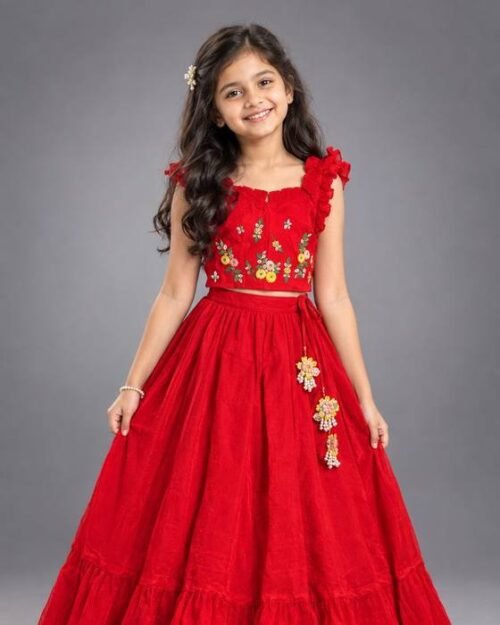 Red Gown With Delicate Floral Embroidery