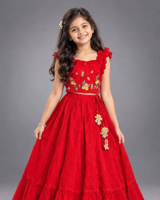 Red Gown With Delicate Floral Embroidery