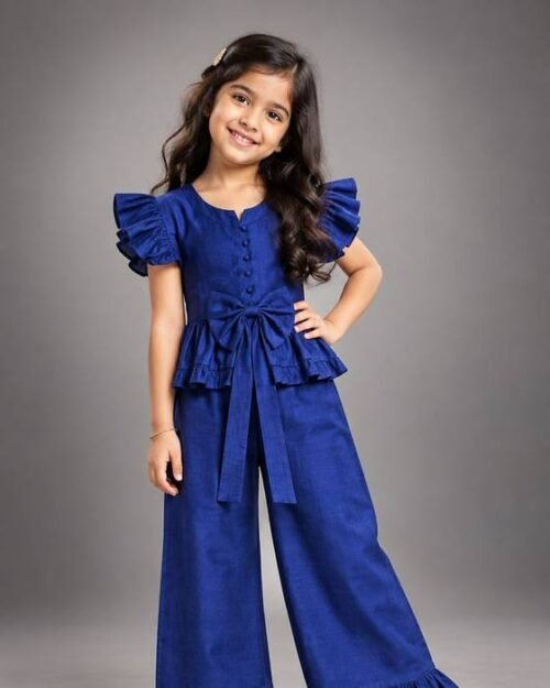 Royal Blue Satin Puff-sleeve Top With Back Bow Kids Wear