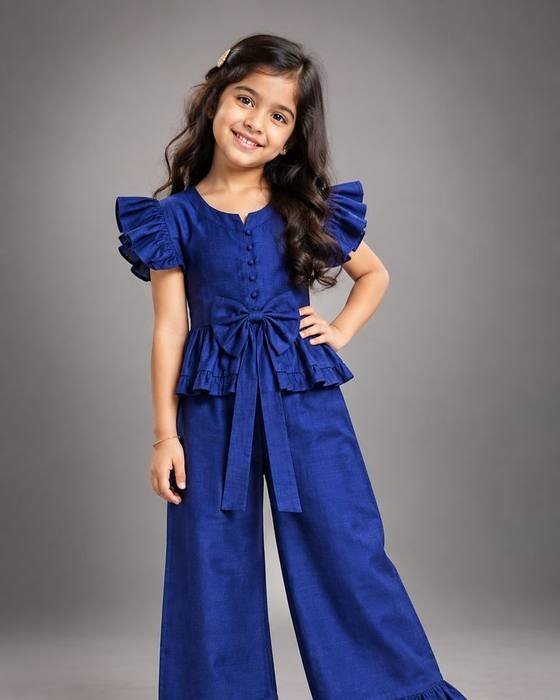 Royal Blue Satin Puff-sleeve Top With Back Bow Kids Wear