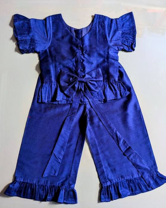 Royal Blue Satin Puff-sleeve Top With Back Bow Kids Wear