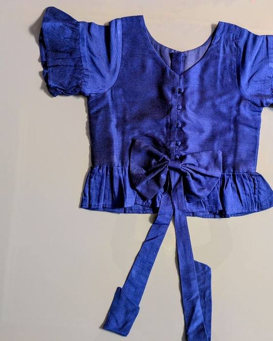 Royal Blue Satin Puff-sleeve Top With Back Bow Kids Wear