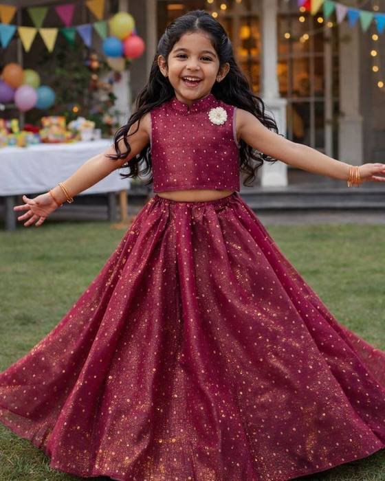 Maroon Peplum Blouse With Golden Shimmer Fabric Kids Wear