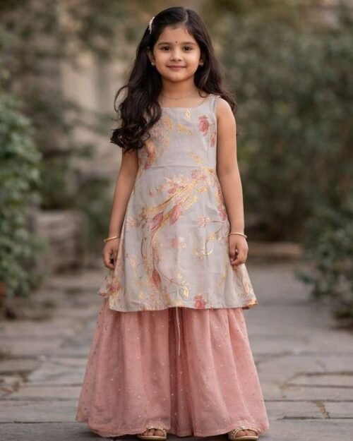 Beige Floral-printed Halter Bodice Kids Wear