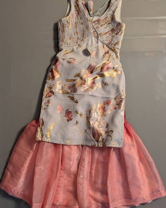 Beige Floral-printed Halter Bodice Kids Wear