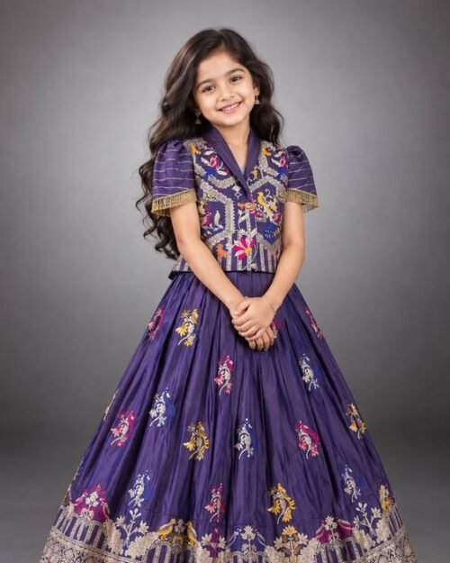 Purple Floral-embroidered Peplum Jacket Top Kids Wear
