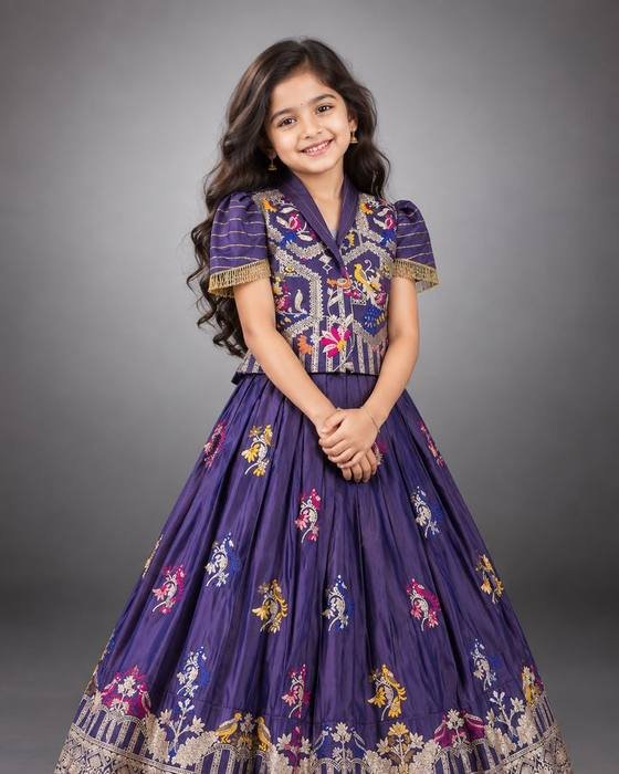 Purple Floral-embroidered Peplum Jacket Top Kids Wear