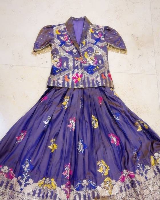 Purple Floral-embroidered Peplum Jacket Top Kids Wear