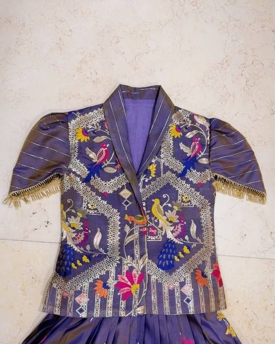 Purple Floral-embroidered Peplum Jacket Top Kids Wear