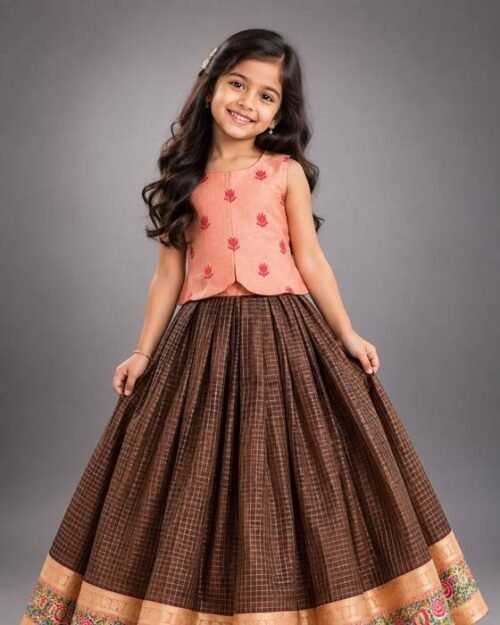 Peach Pintucked Blouse With Floral Applique Kids Wear