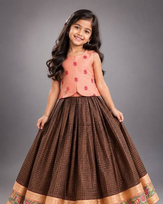 Peach Pintucked Blouse With Floral Applique Kids Wear