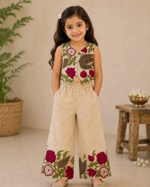 Green Floral-applique Vest Top Kids Wear