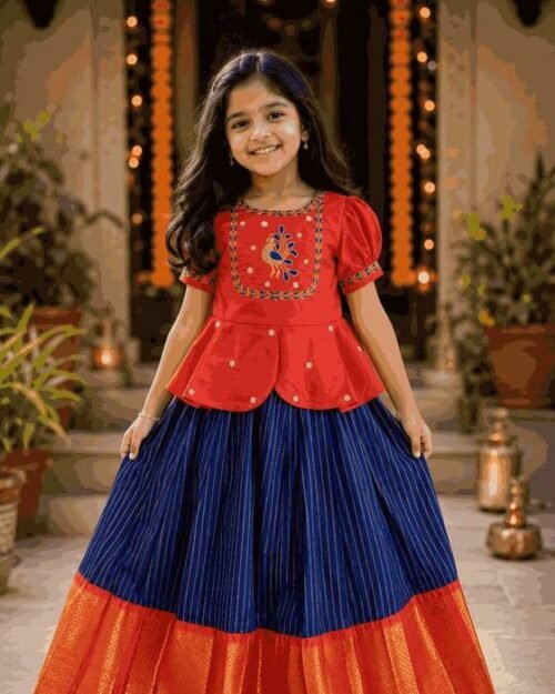 Coral Peplum Blouse With White Floral-embroidered Yoke Kids Wear
