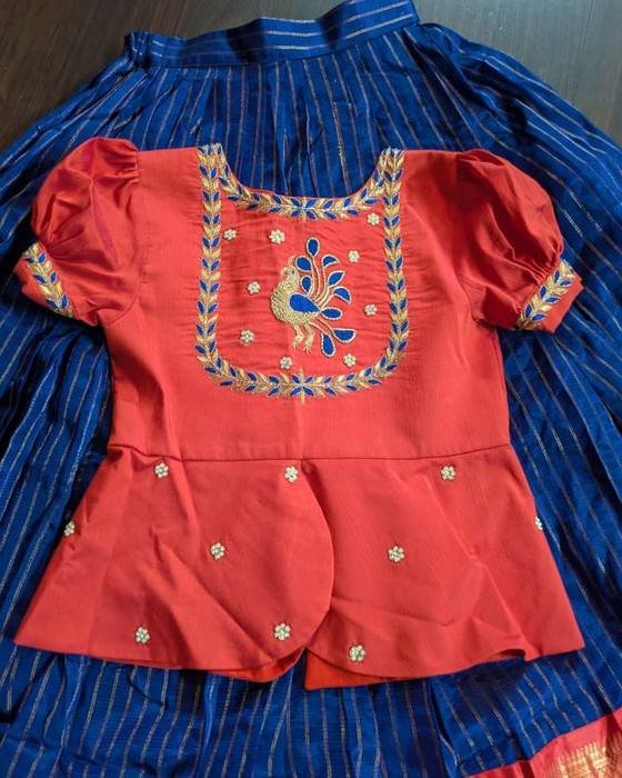 Coral Peplum Blouse With White Floral-embroidered Yoke Kids Wear