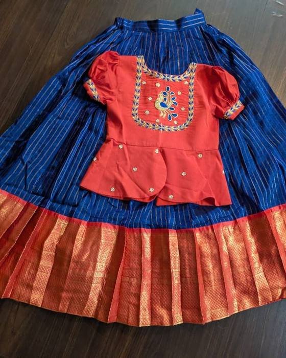 Coral Peplum Blouse With White Floral-embroidered Yoke Kids Wear