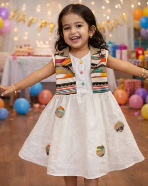 Cream Sleeveless Bodice With Striped Colour-block Vest Kids Wear