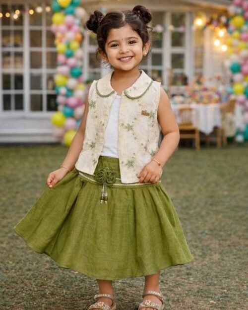 Ivory Floral-embroidered Sleeveless Shirt-style Top With Peter Pan Kids Wear