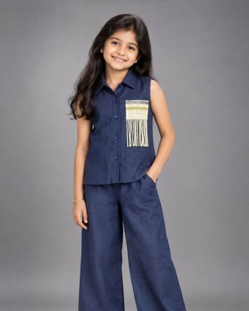 Denim Blue Shirt-style Top With Metallic Fringe Kids Wear