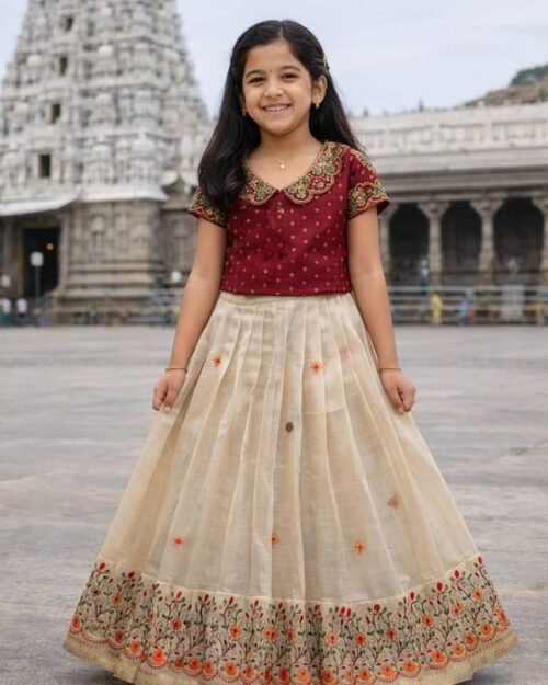 Maroon Scalloped Gold-embroidered Collar Blouse Kids Wear