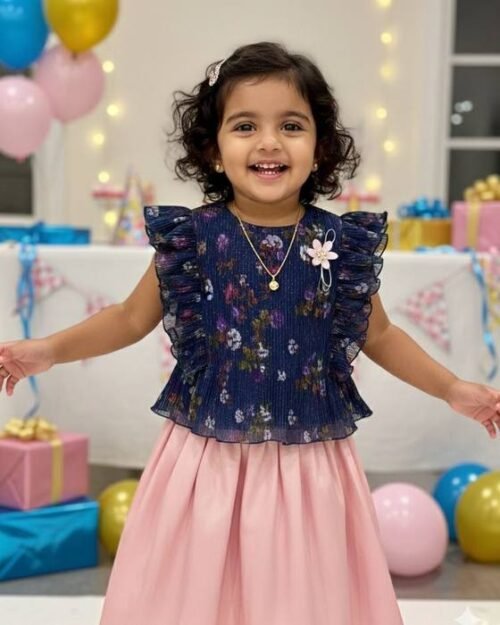 Navy Floral-printed Cold-shoulder Crop Bodice Kids Wear