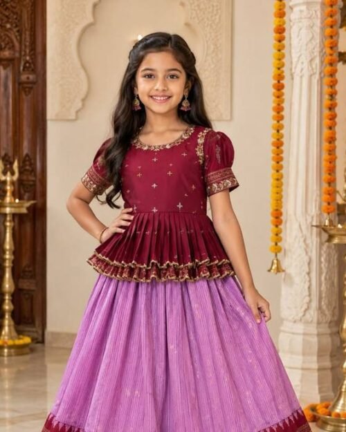 Maroon Embroidered Cap-sleeve Peplum Blouse Kids Wear