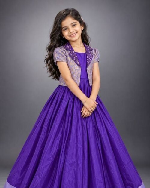 Purple Satin Gown With Sparkling Grey Sequined Cape