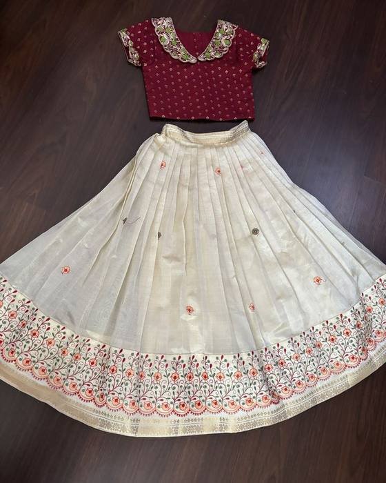 Maroon Scalloped Gold-embroidered Collar Blouse Kids Wear