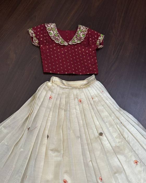 Maroon Scalloped Gold-embroidered Collar Blouse Kids Wear