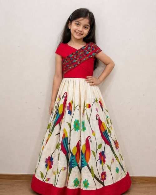Pink Gown Printed With Lively Tropical Bird Design