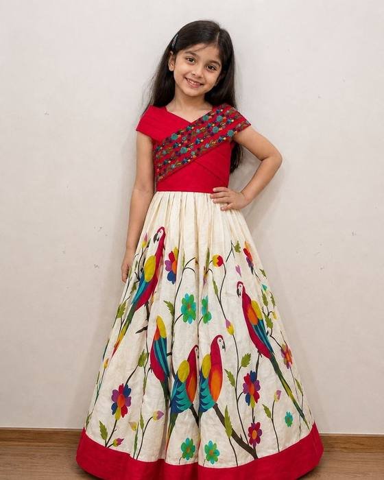 Pink Gown Printed With Lively Tropical Bird Design