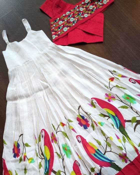 Pink Gown Printed With Lively Tropical Bird Design