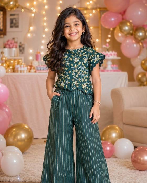 Sea Green Floral-printed Cropped Top Kids Wear