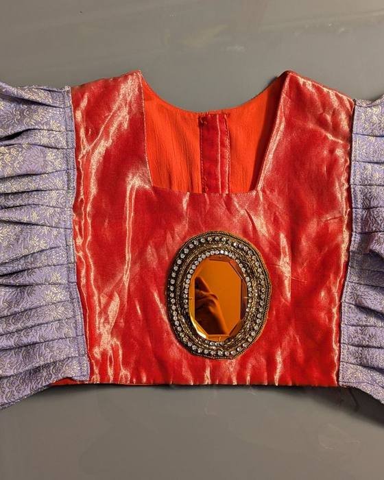 Red Satin Ruffled Cape-collar Blouse With Brooch Accent Kids Wear