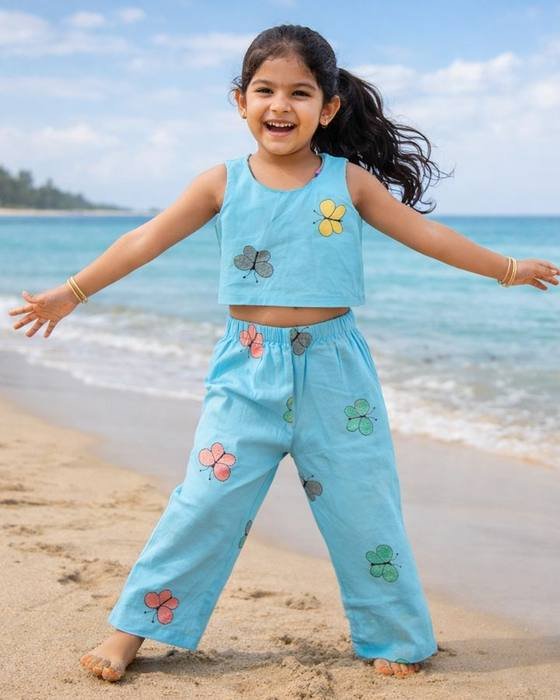 Sky Blue Cropped Top And Matching Cropped Pants Kids Wear
