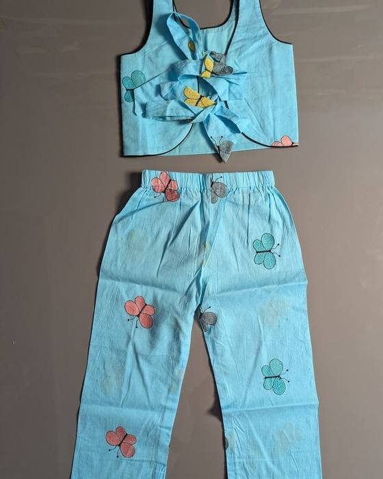 Sky Blue Cropped Top And Matching Cropped Pants Kids Wear